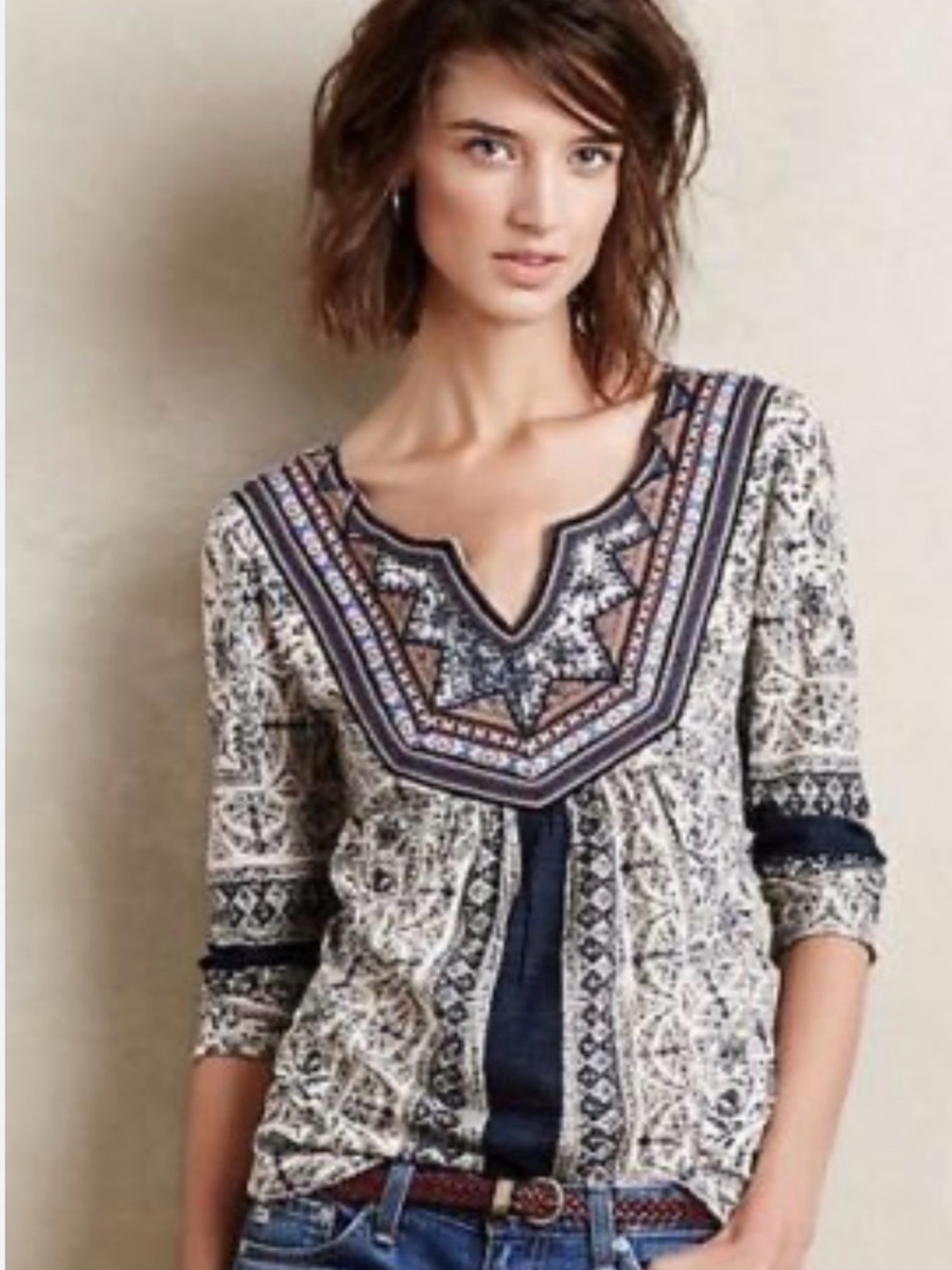 Anthro Akemi & Kin Boho Embroidered & Beaded Detail V-Neck Long Sleeve Top Large